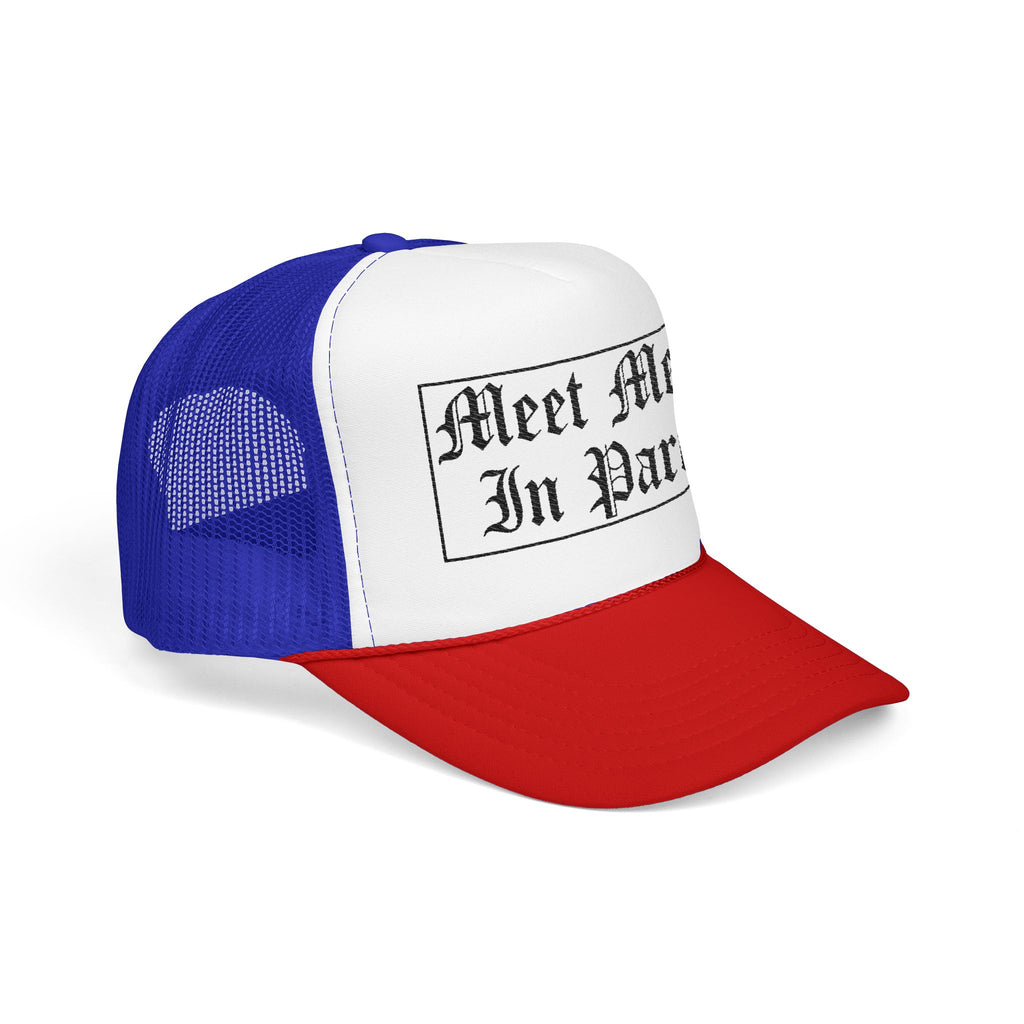 "Meet Me In Paris" Foam Trucker Hat – Retro Gothic Script Travel Cap
