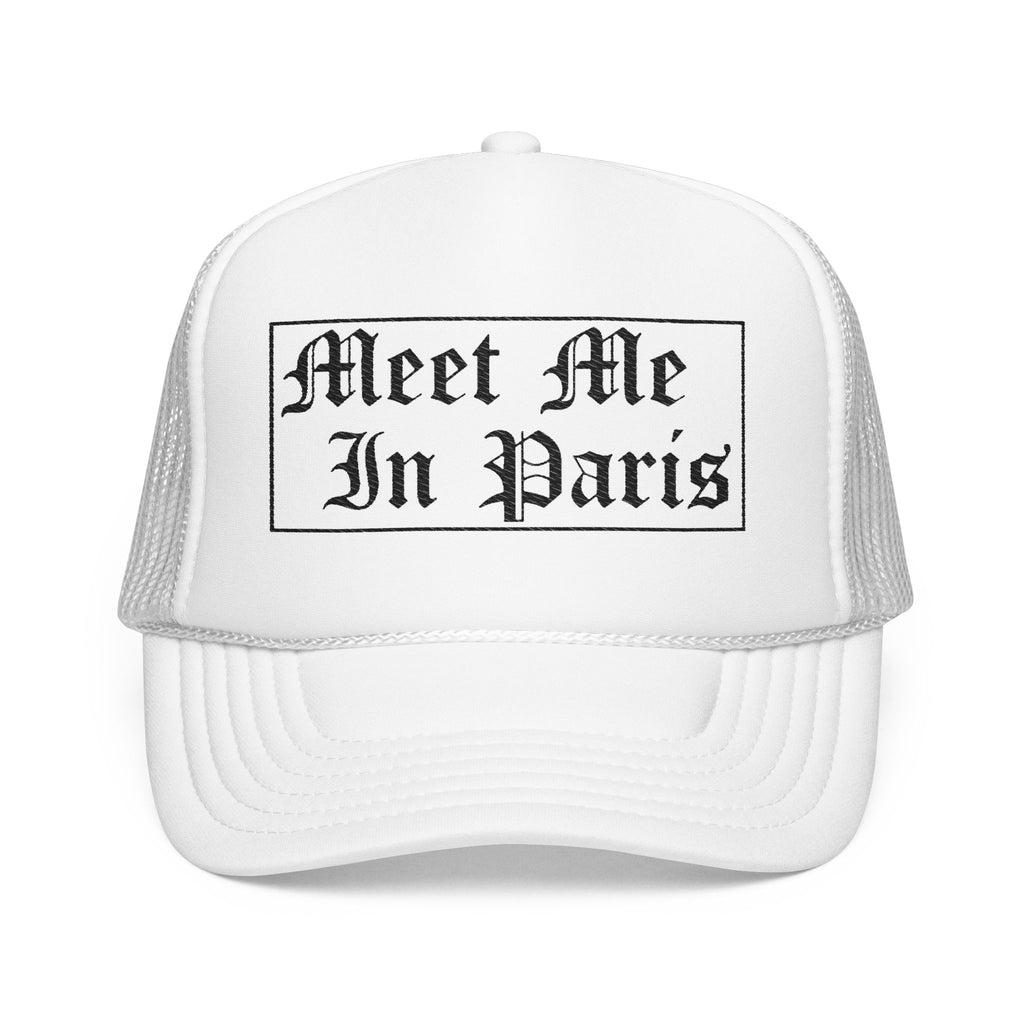 "Meet Me In Paris" Foam Trucker Hat – Retro Gothic Script Travel Cap