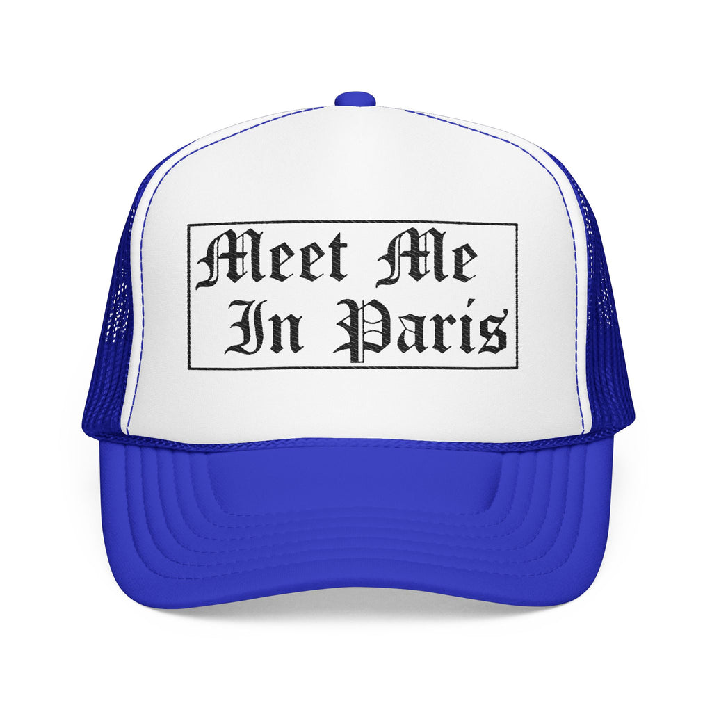 "Meet Me In Paris" Foam Trucker Hat – Retro Gothic Script Travel Cap
