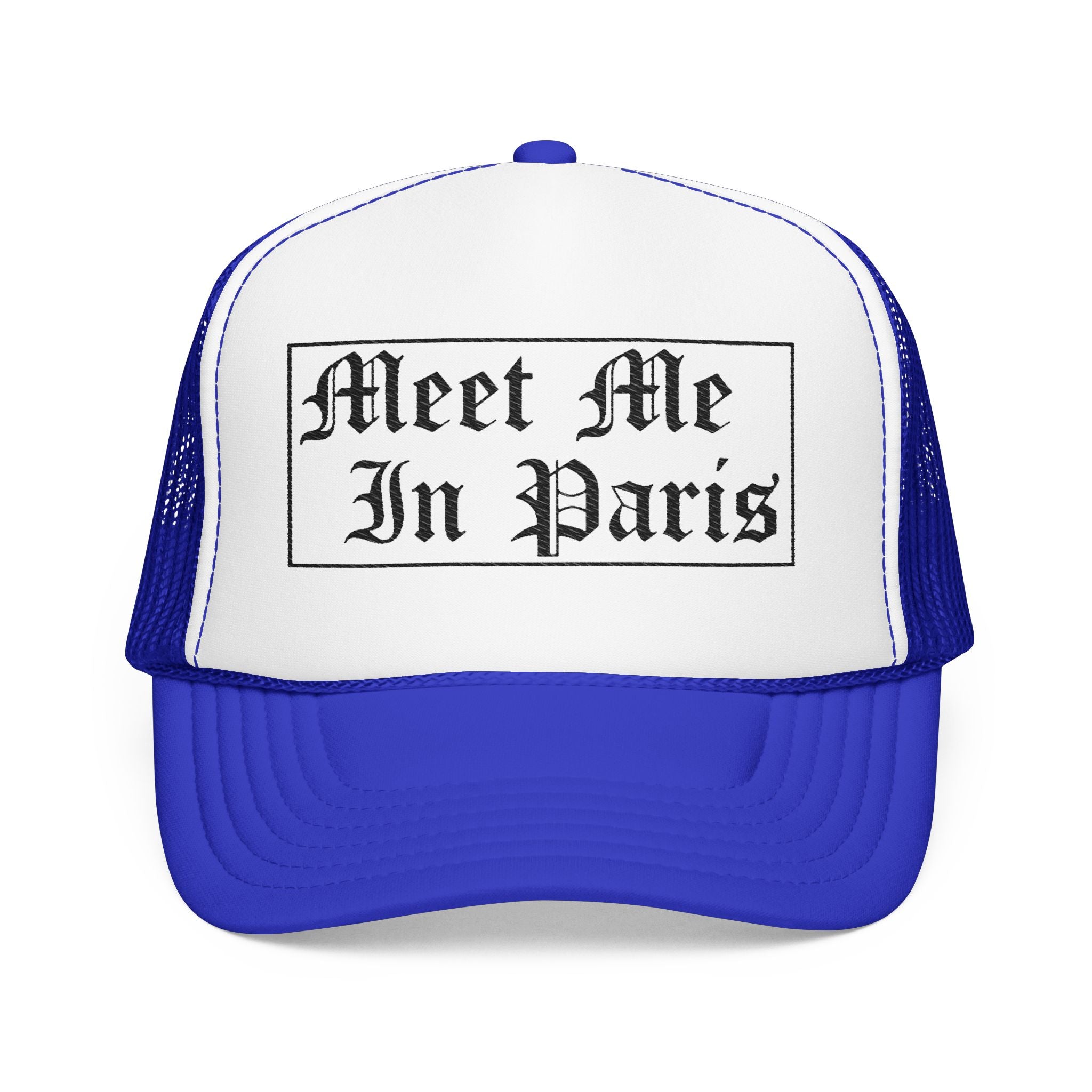 "Meet Me In Paris" Foam Trucker Hat – Retro Gothic Script Travel Cap