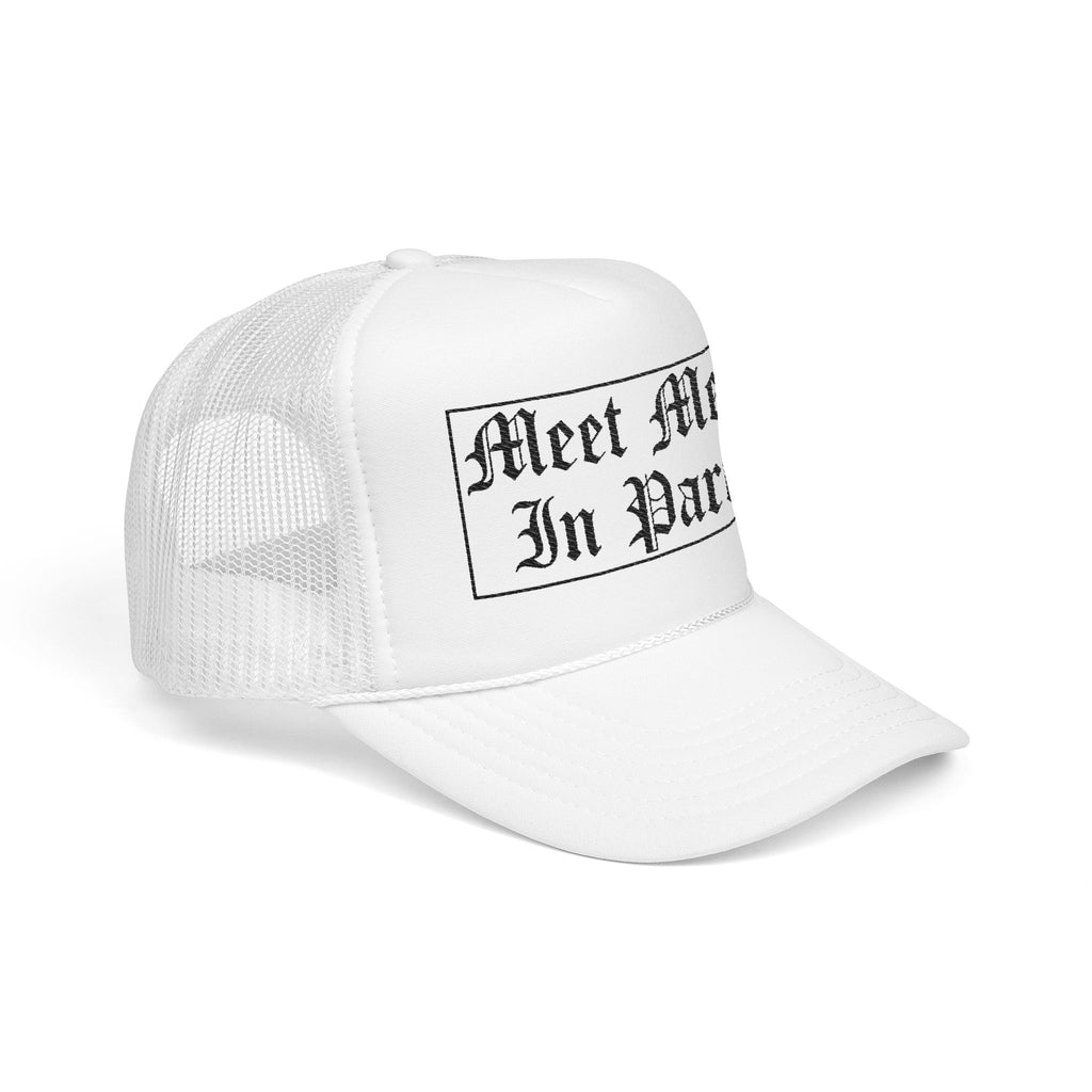 "Meet Me In Paris" Foam Trucker Hat – Retro Gothic Script Travel Cap