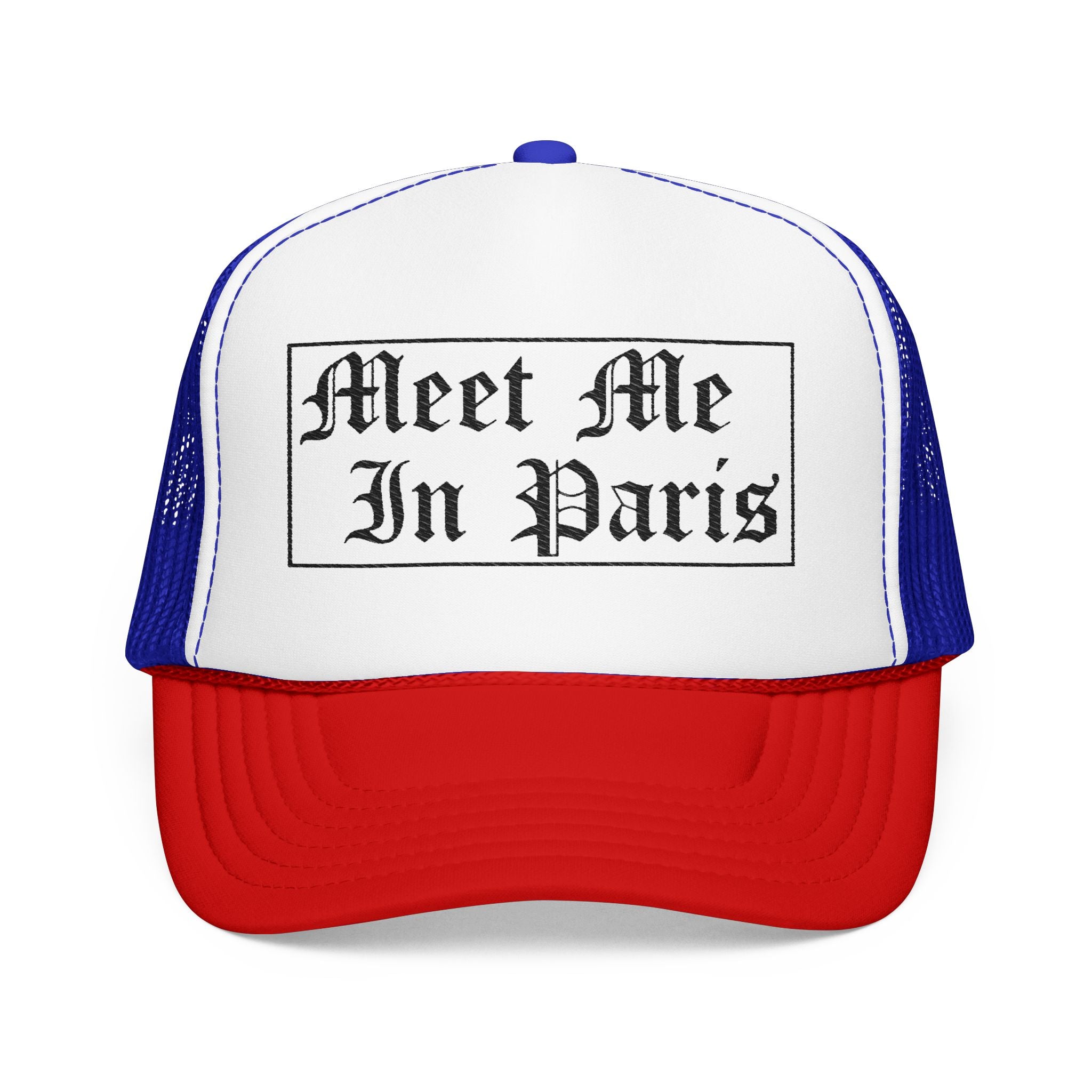 "Meet Me In Paris" Foam Trucker Hat – Retro Gothic Script Travel Cap
