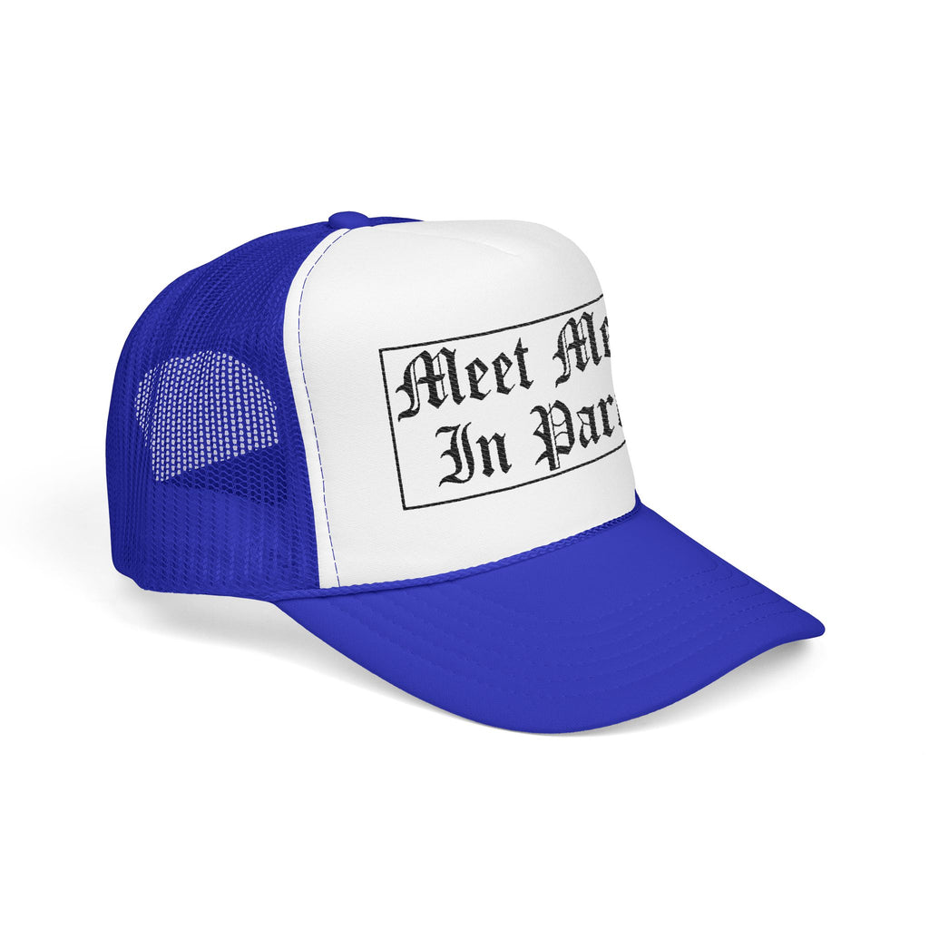 "Meet Me In Paris" Foam Trucker Hat – Retro Gothic Script Travel Cap