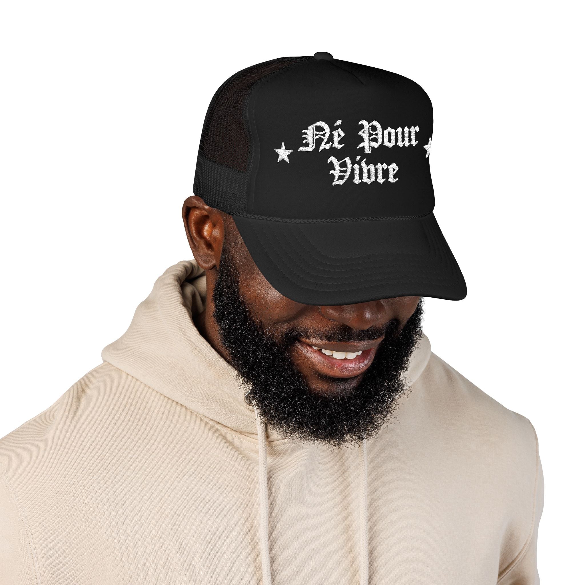 Foam Trucker Hat — “Né Pour Vivre” Gothic Script Mesh Cap